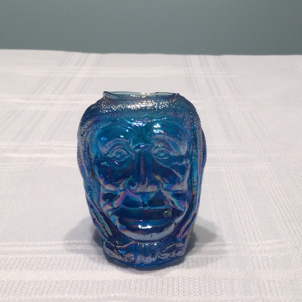 Old Lady Face with Head Scarf Blue Iridescent Glass Toothpick Holder?